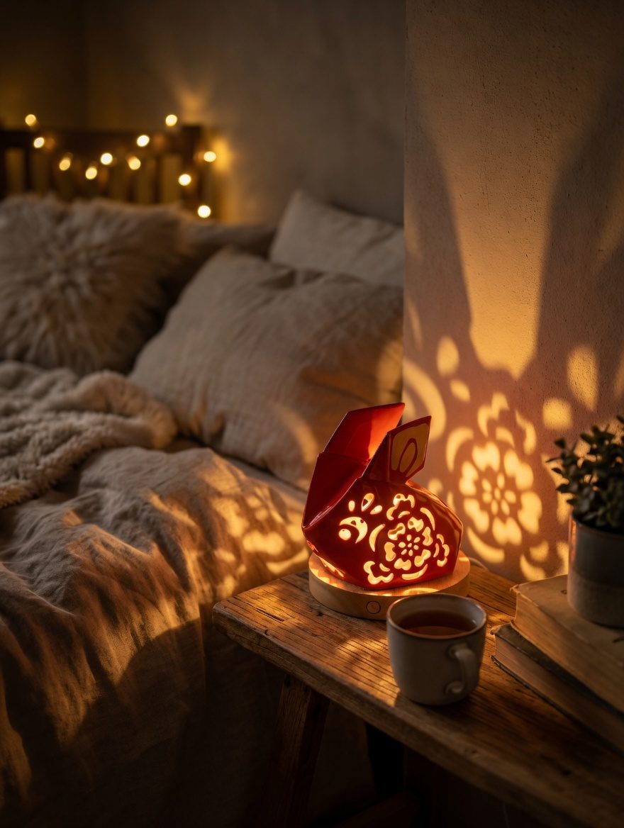 Red ceramic rabbit paper-cut night light casting warm glow